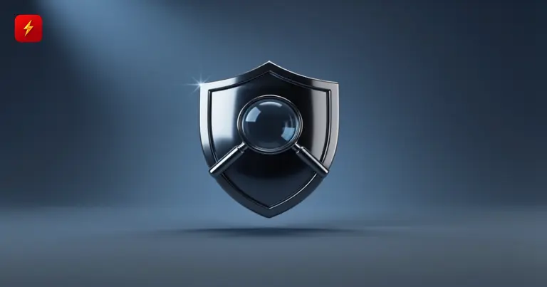 Glossy 3D shield with a magnifying glass on a steel-blue background — symbolizing secret AI model review