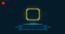 A glowing golden trading-card outline radiating light above a secure vault platform with circuit patterns, symbolizing the tokenization of physical collectible cards on blockchain