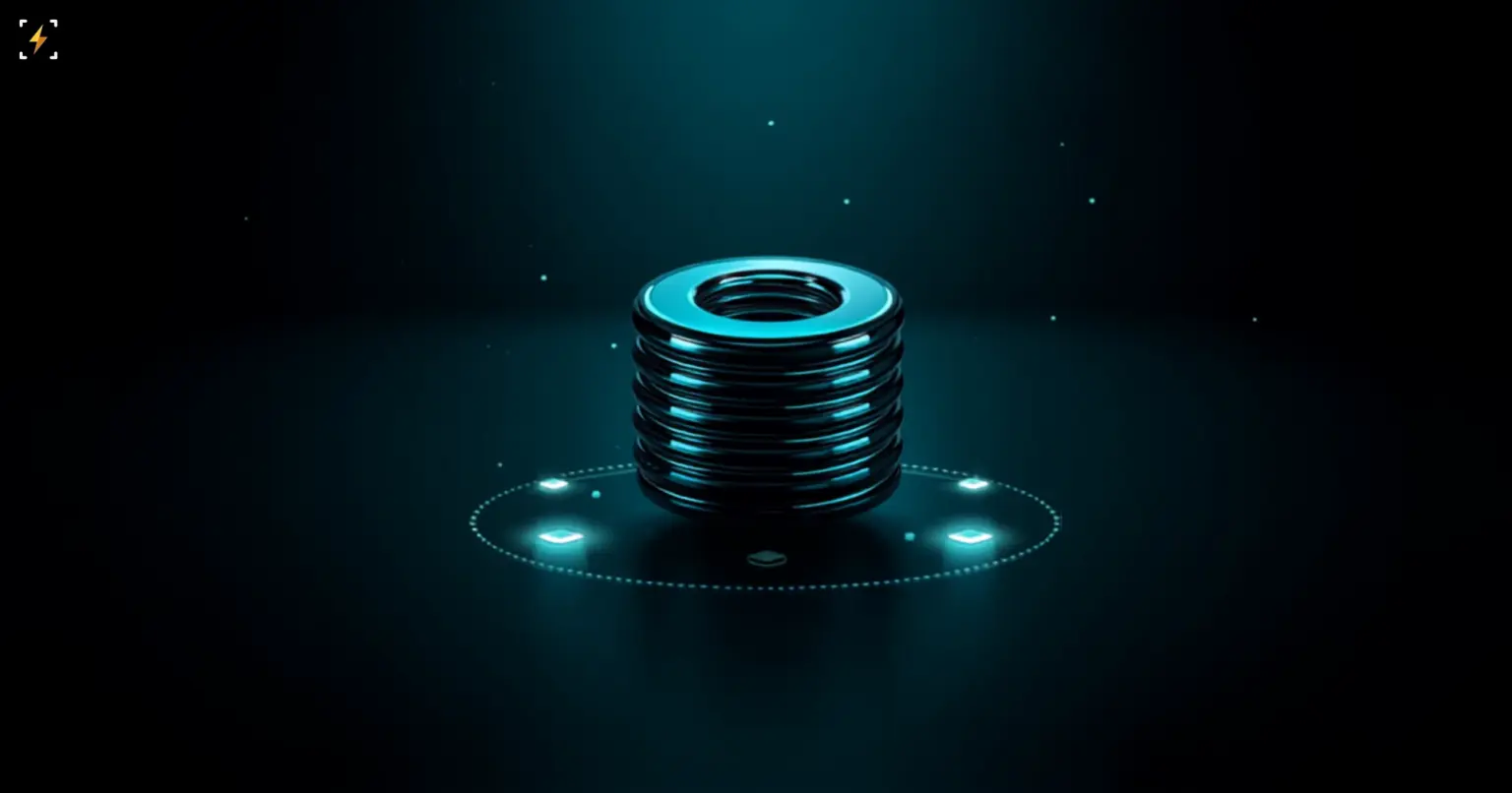 Glossy cyan 3D coiled metal wire spool glowing inside an orbit ring with connected diamond nodes, symbolizing a tokenized industrial nickel asset