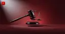 Glossy 3D judge's gavel with scales of justice on a dark crimson background — symbolizing the lawsuit against Kalshi