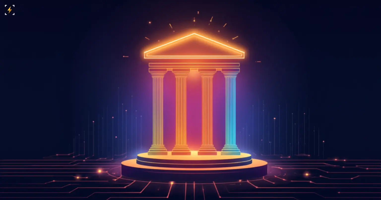 Illustration of a temple-like structure with glowing multicolored pillars merging into one, symbolizing multiple banks joining a shared stablecoin project