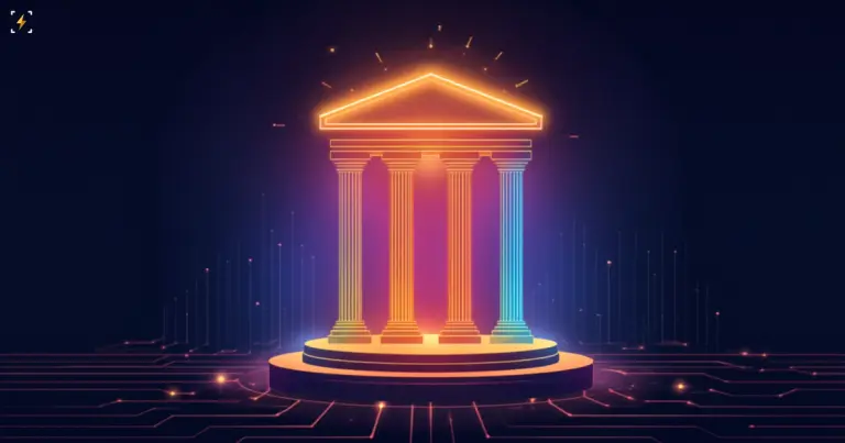 Illustration of a temple-like structure with glowing multicolored pillars merging into one, symbolizing multiple banks joining a shared stablecoin project