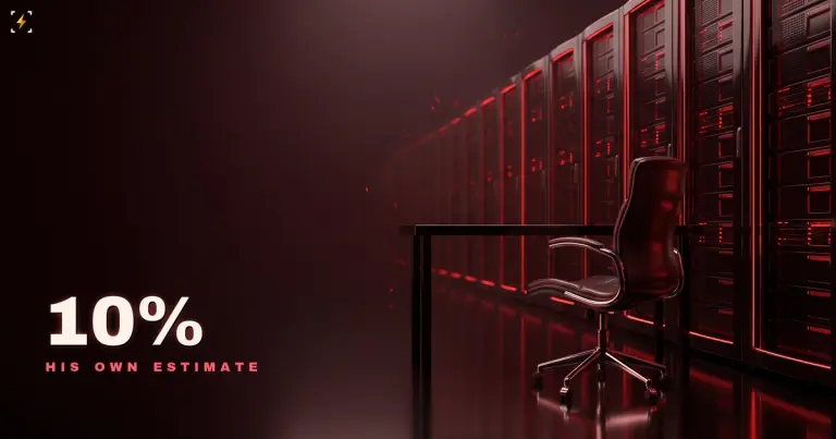 An empty office chair pushed back from a bare desk in front of a dark server hall lit by hot red rack lights