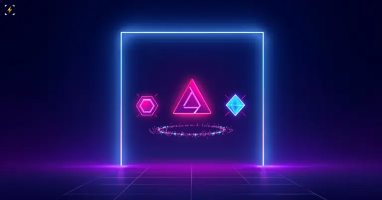 Three glowing token icons in magenta, red, and cyan floating inside a neon square gateway above a particle ring, symbolizing new digital assets added to a brokerage platform
