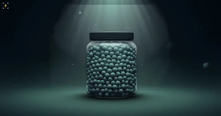 A matte glass jar packed with hundreds of small spheres under a green light, illustrating a perp DEX token with a very wide holder base