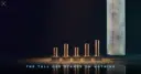 Short brass pillars standing on solid plinths beside a tall hazy column with nothing beneath it