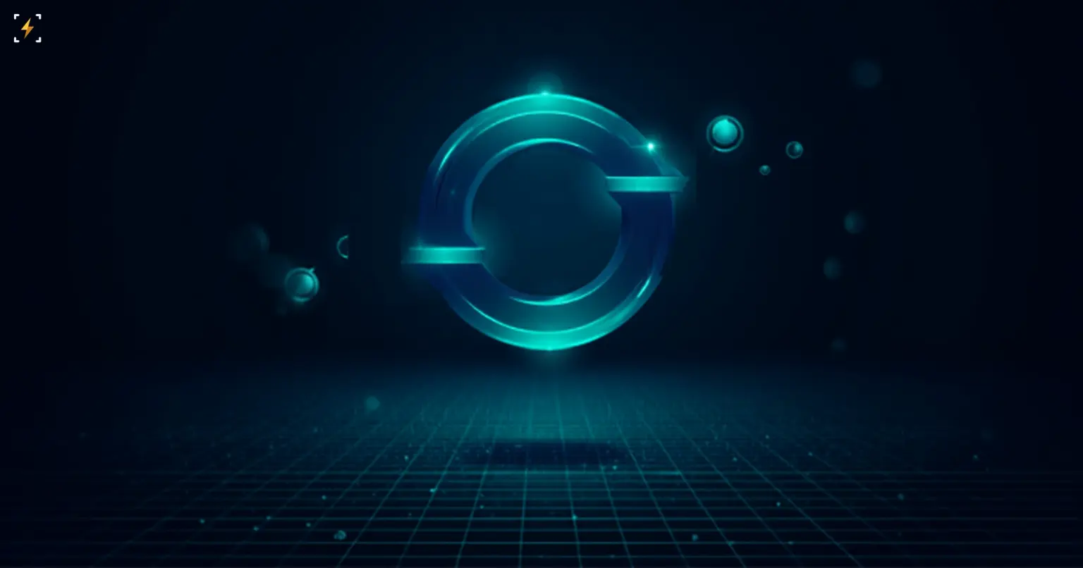 Glowing teal circular arrow loop orbited by small glowing spheres above a dark grid, symbolizing a token buyback revenue cycle