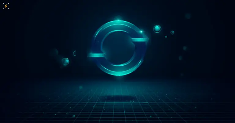 Glowing teal circular arrow loop orbited by small glowing spheres above a dark grid, symbolizing a token buyback revenue cycle