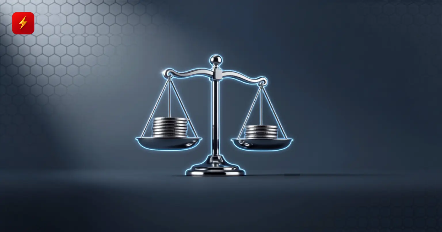 Glossy 3D scales with coins on a steel-blue background — symbolizing exchange comparison