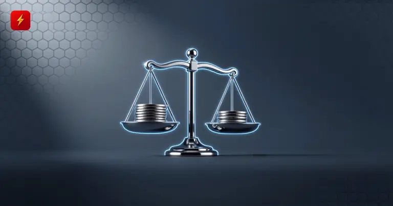 Glossy 3D scales with coins on a steel-blue background — symbolizing exchange comparison