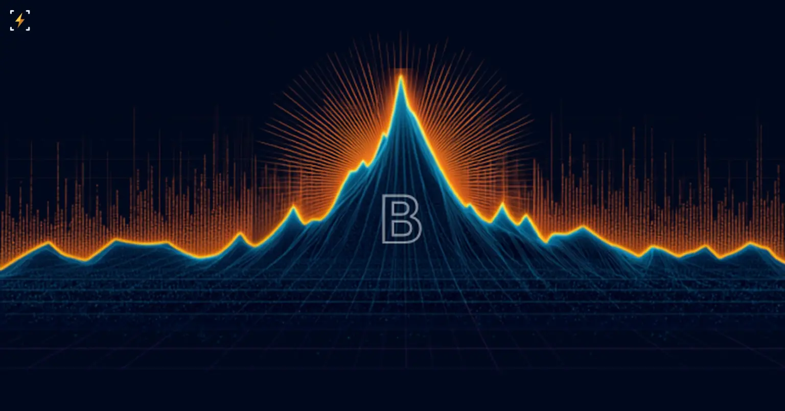 A dense glowing mountain-shaped price chart peaks sharply around a bitcoin symbol, filling the frame with radiating light and data particles