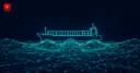 Glowing wireframe cargo ship above a blockchain node network rendered as ocean waves, symbolizing maritime finance connecting to a tokenized blockchain rail