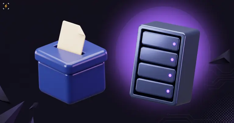 Blue ballot box with a blank sheet beside a lit server cabinet