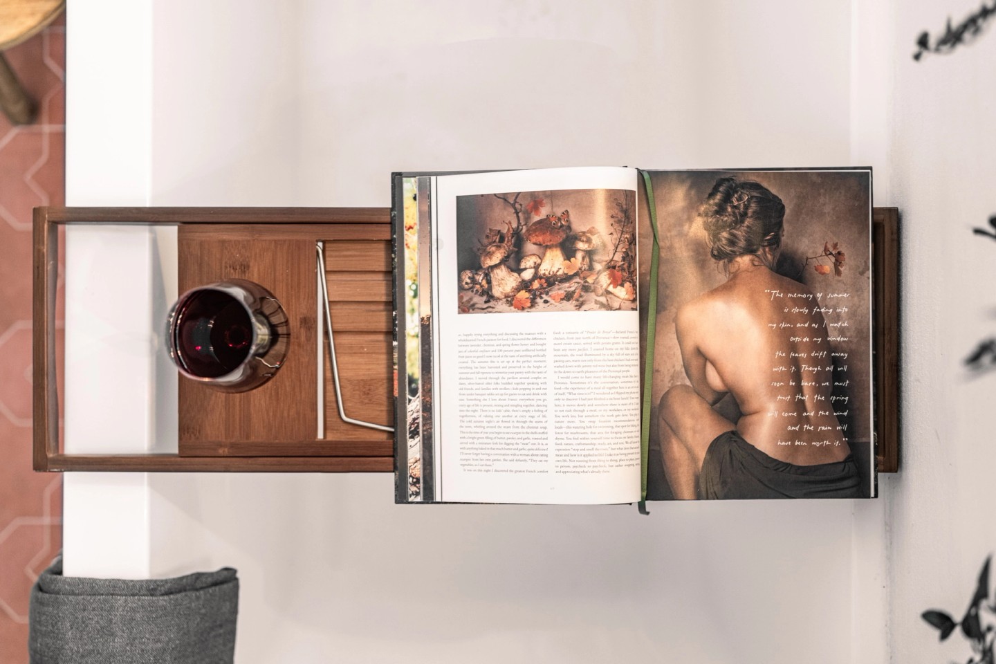 GARDEN landscape, wine and book overhead