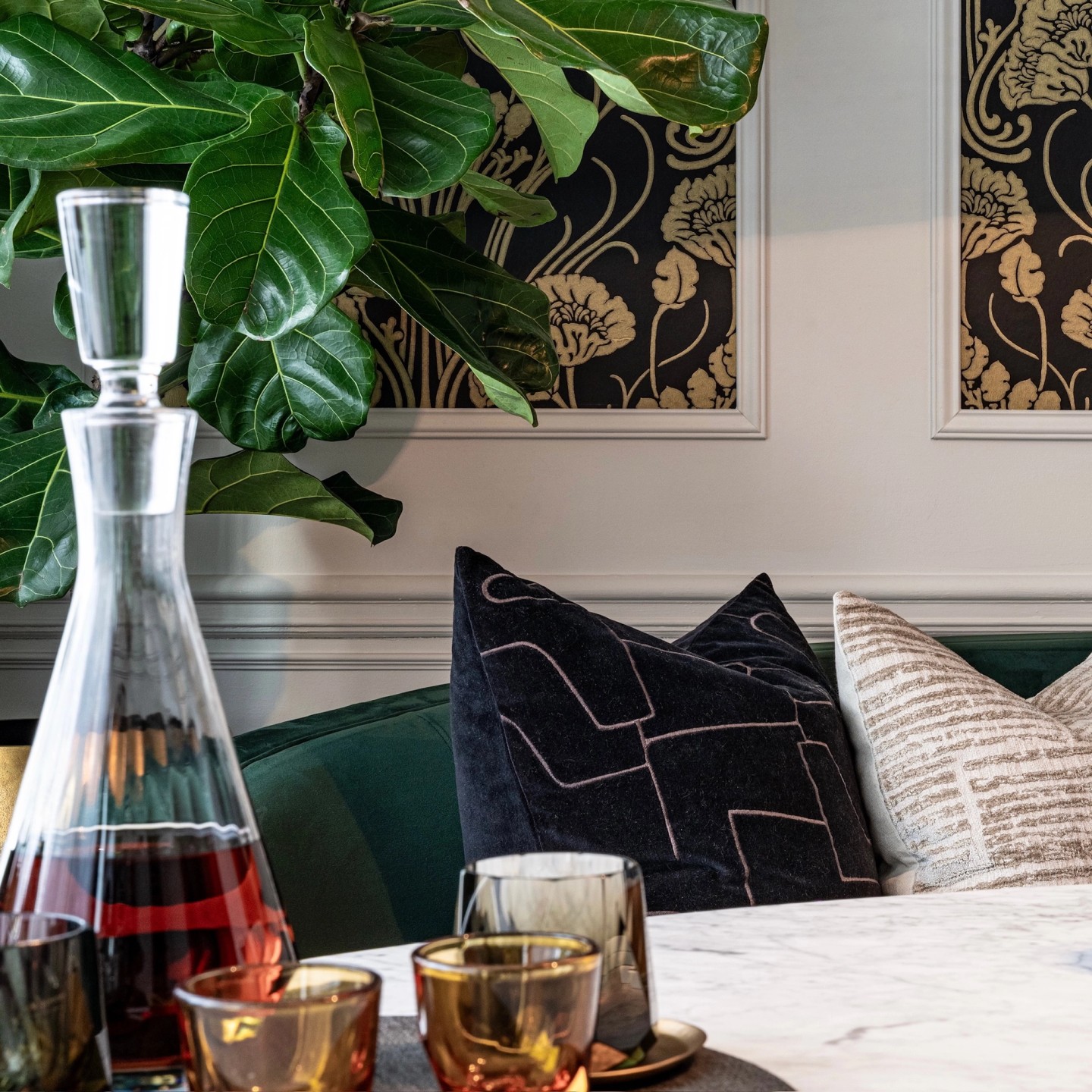 POSH square decanter, couch, wallpaper