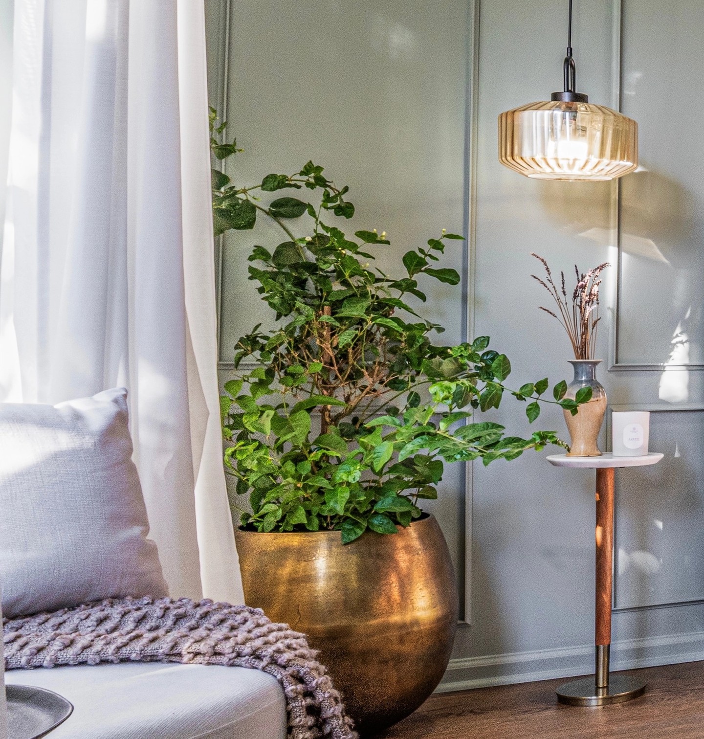 MOODY square, chaise and plant with gold pot