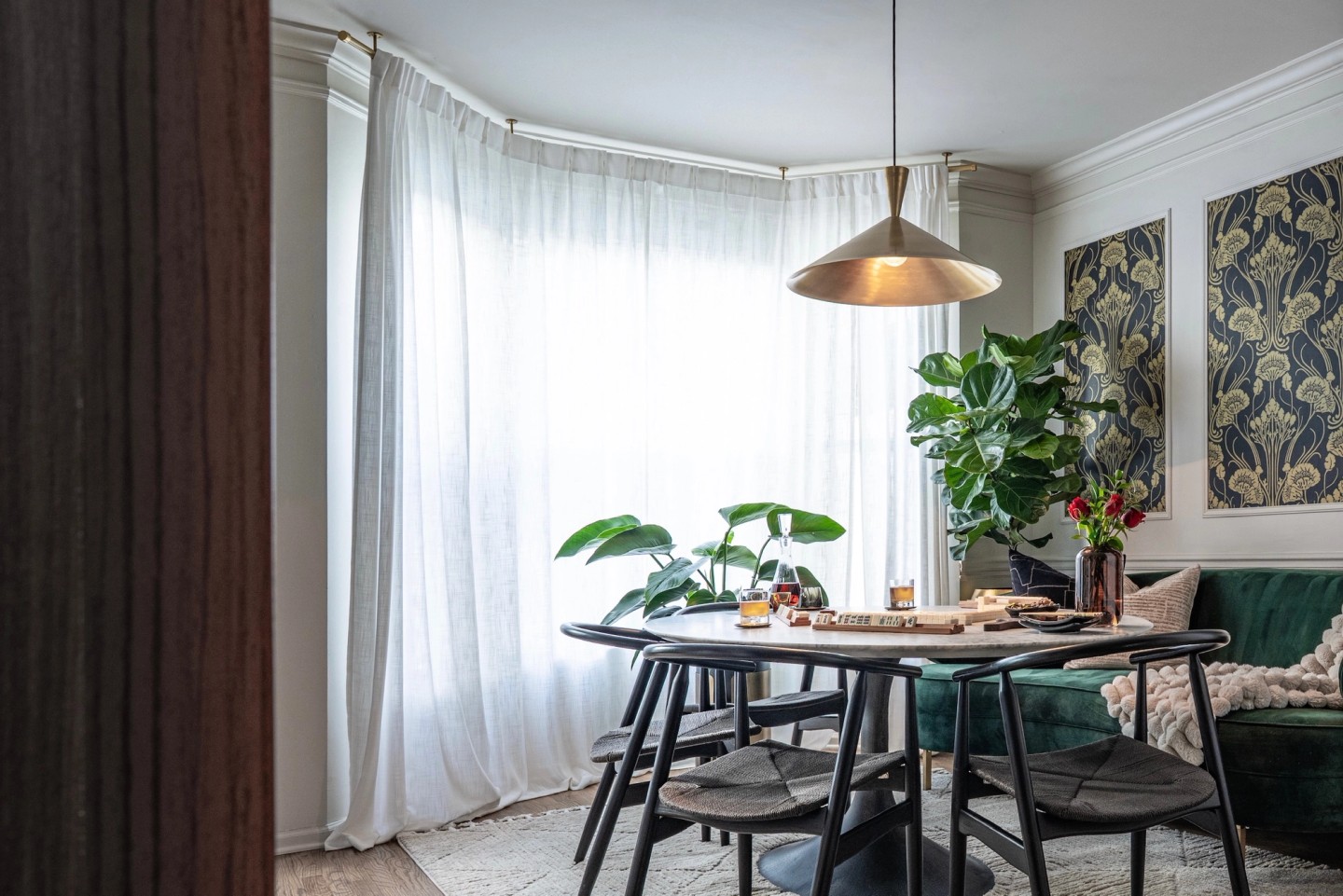 POSH landscape, dining table, wood door, wallpaper