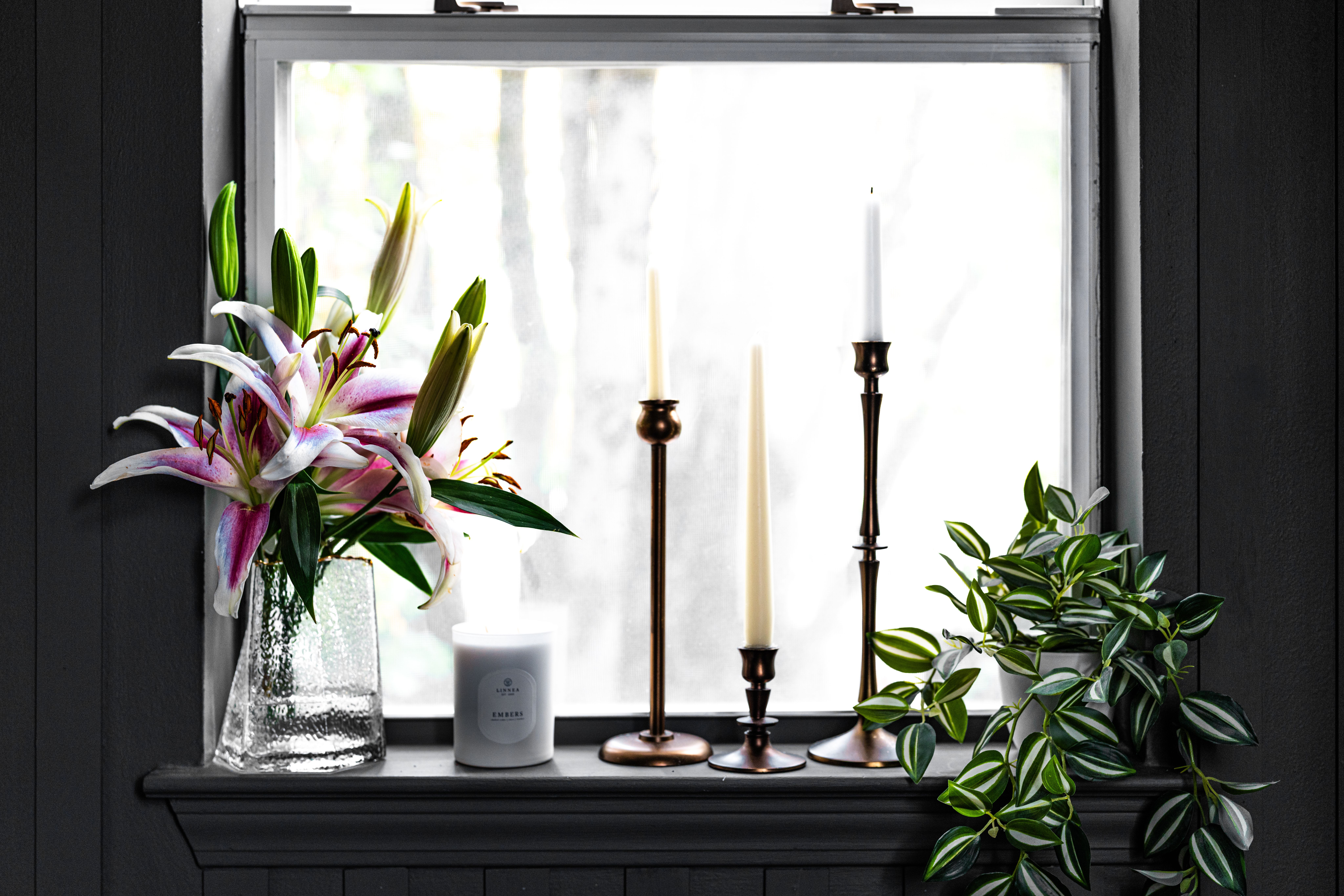 GINGKO landscape, flowers and candles windowsill