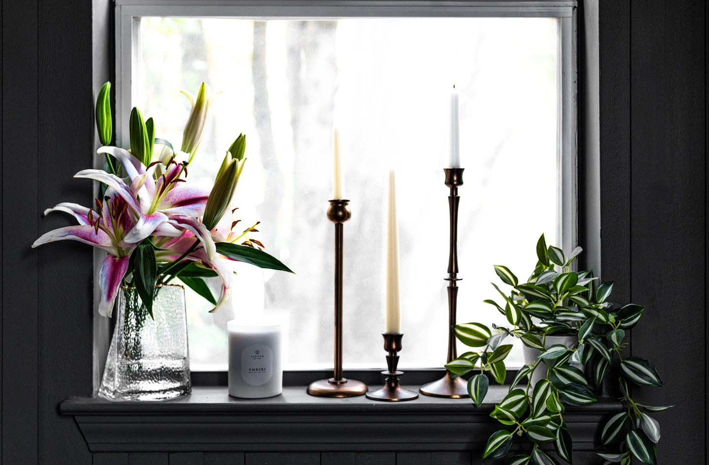 GINGKO landscape, flowers and candles windowsill