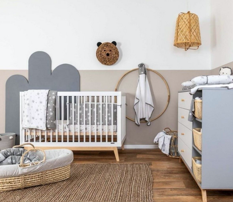 nursery with grey crib and white dresser Windsor Weathered White Crib + Dresser Set – Lakeland Baby and Teen  Furniture