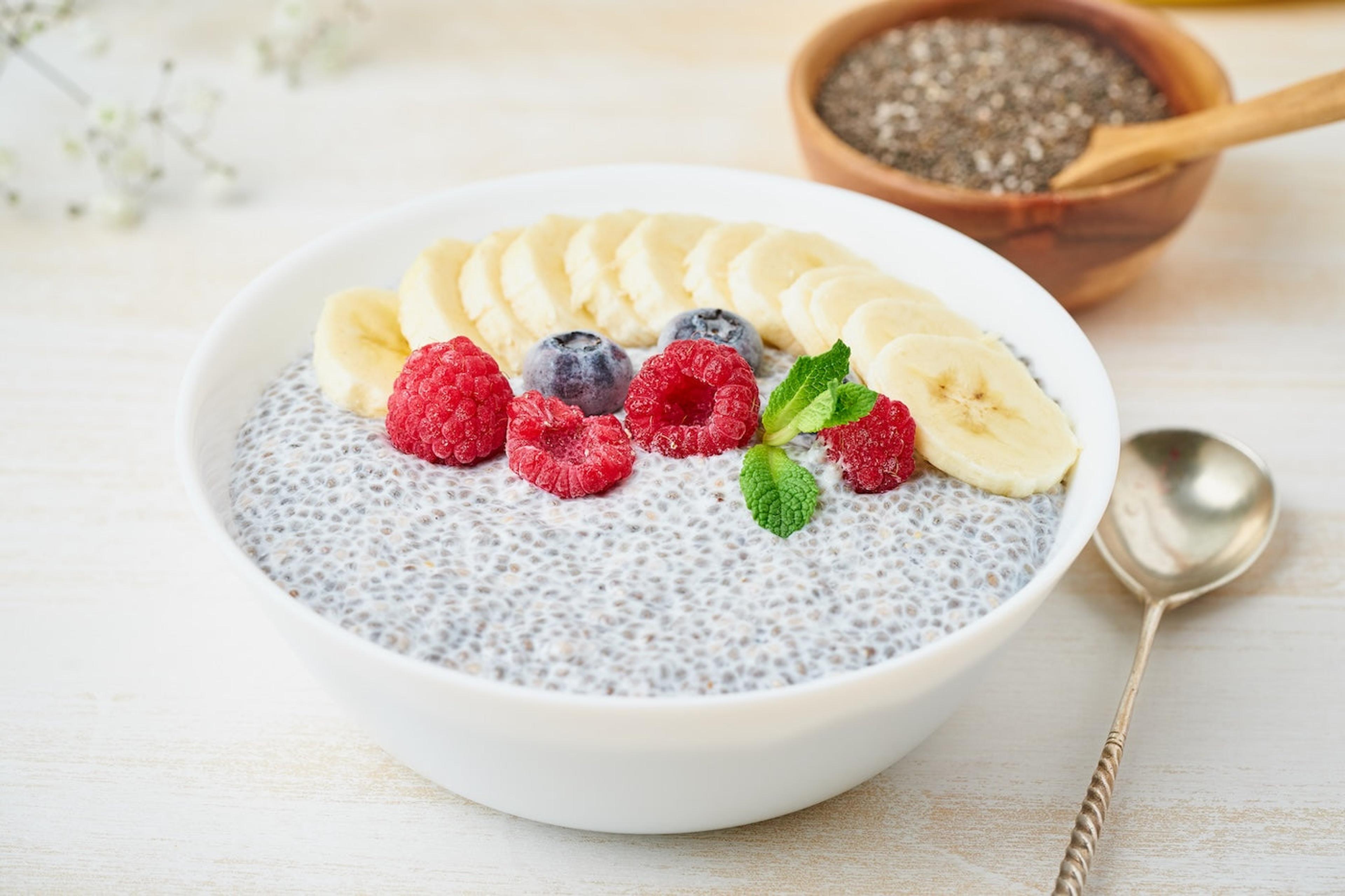 Chia pudding with bananas and berries