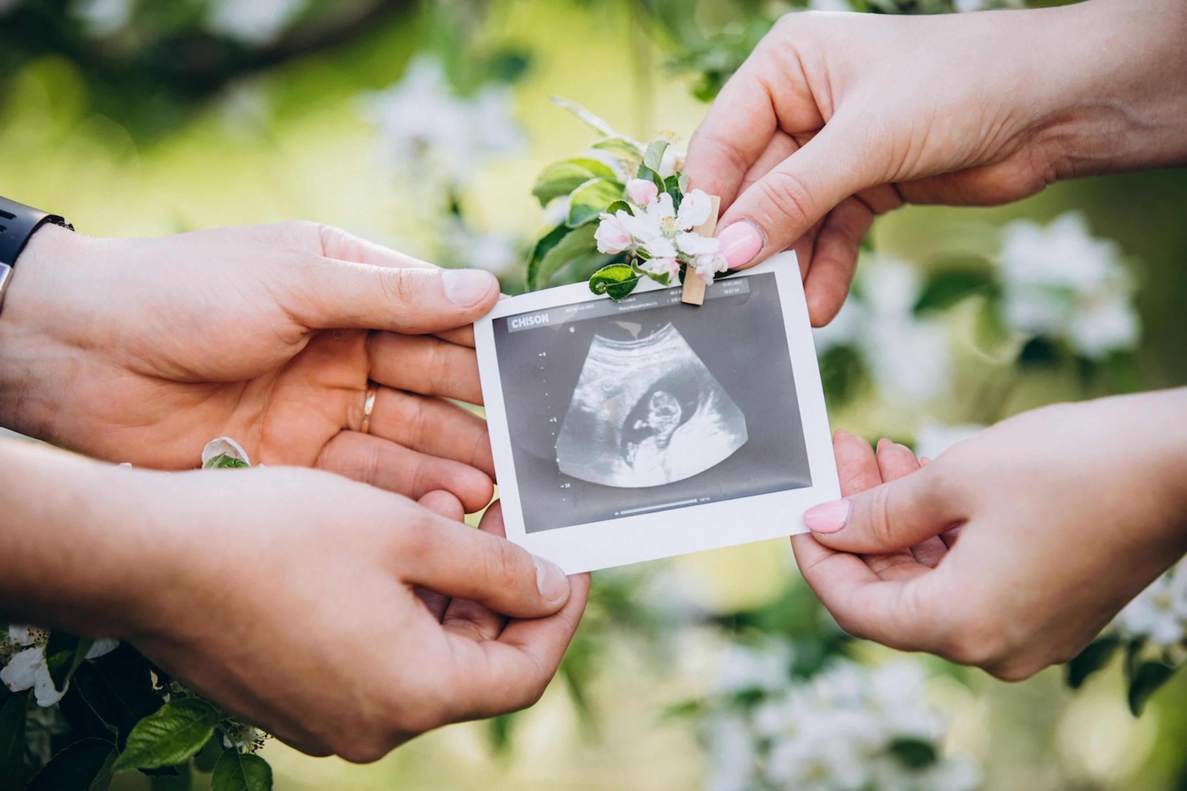 Spring pregnancy announcement with ultrasound and spring blossoms