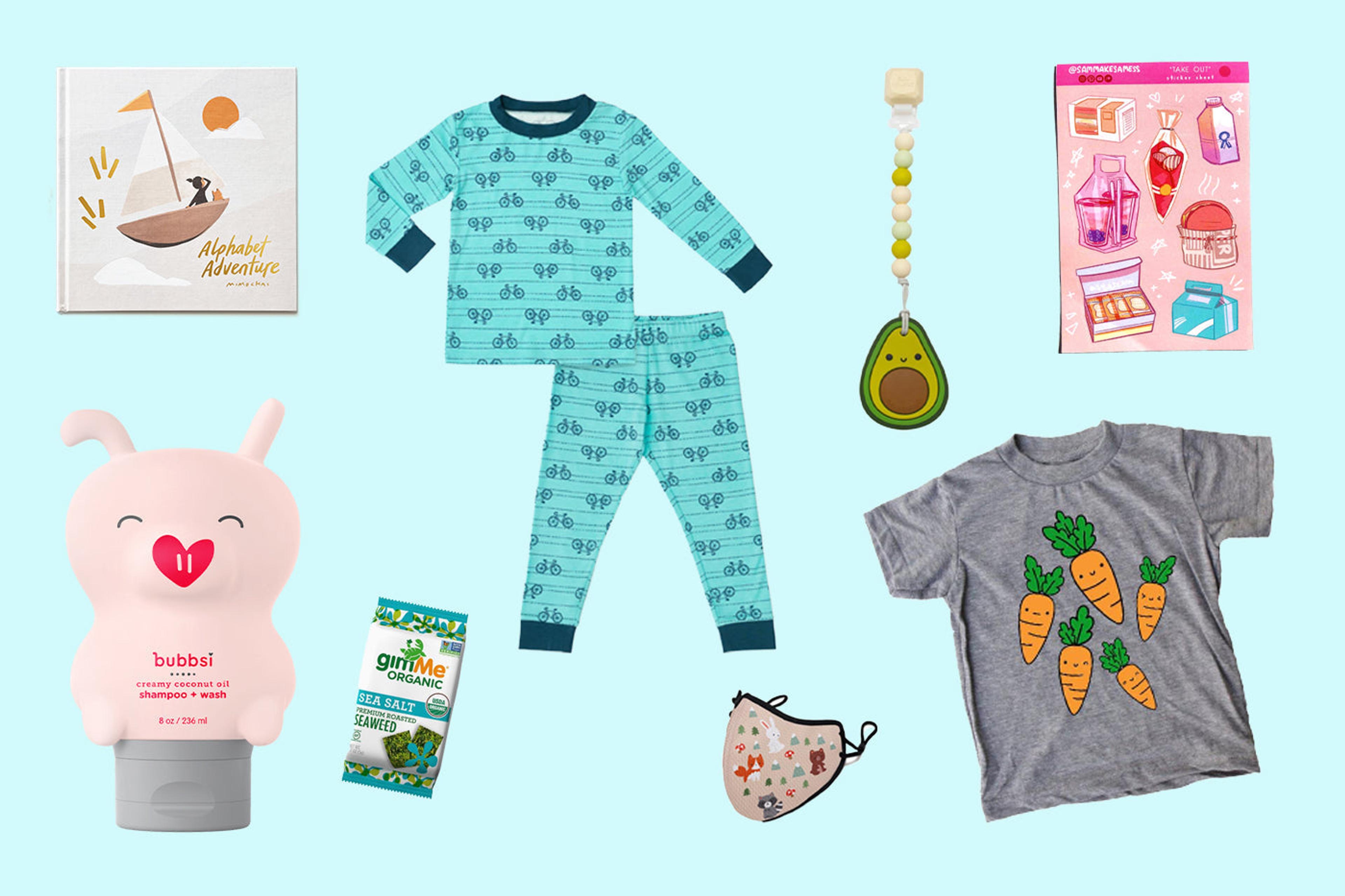 A collage of kids' items made by AAPI-owned companies