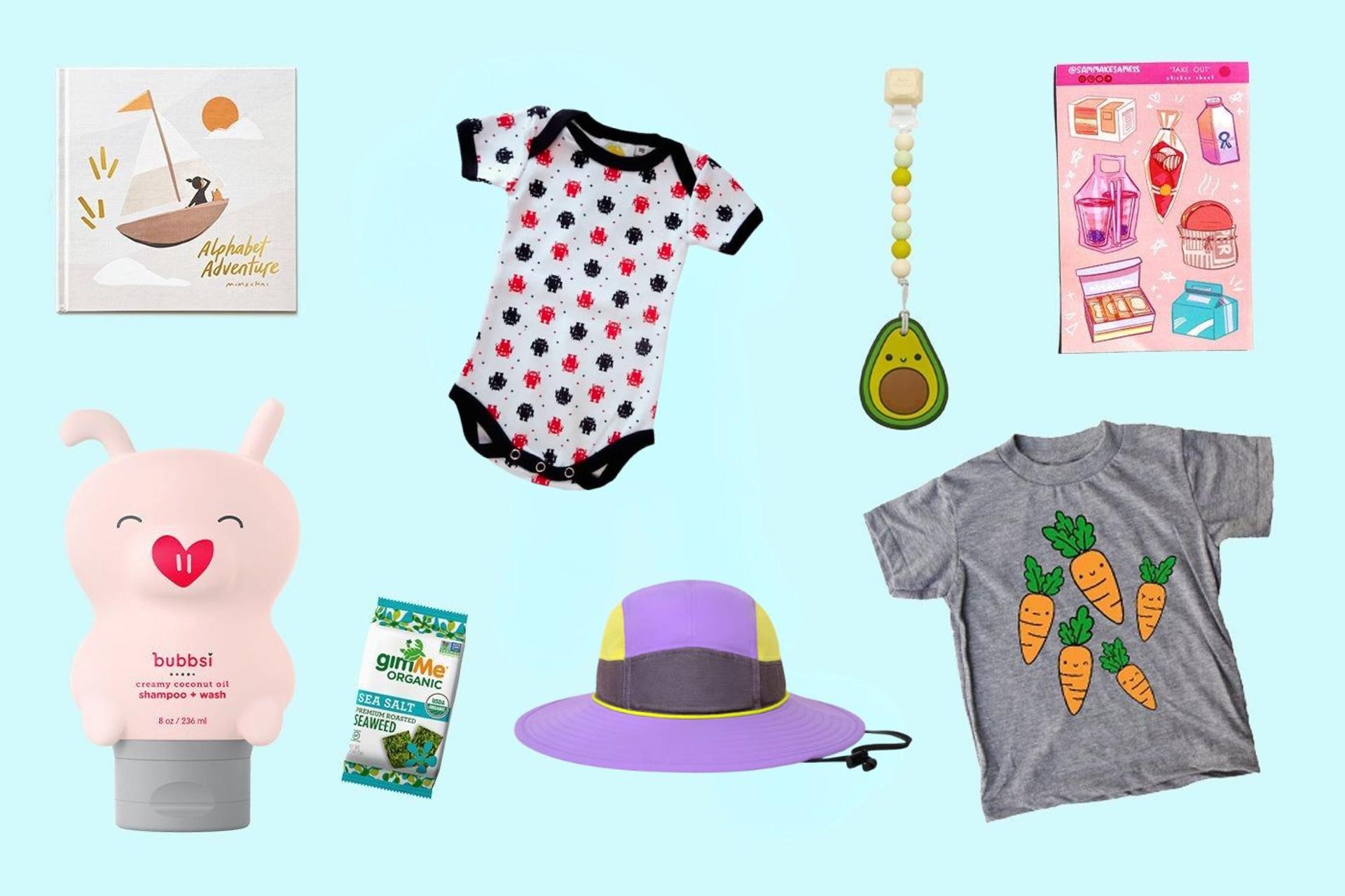 A collage of kids' items made by AAPI-owned companies