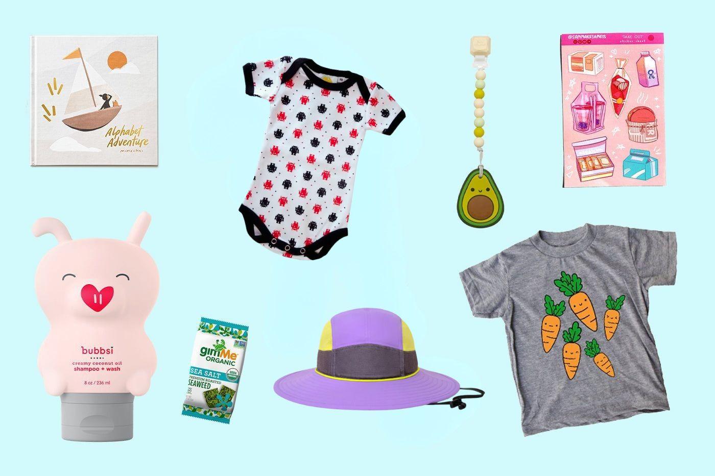 A collage of kids' items made by AAPI-owned companies