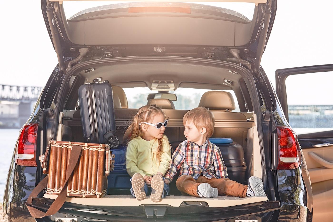 Two little kids sit in the back of their car at a rest stop during a family road trip