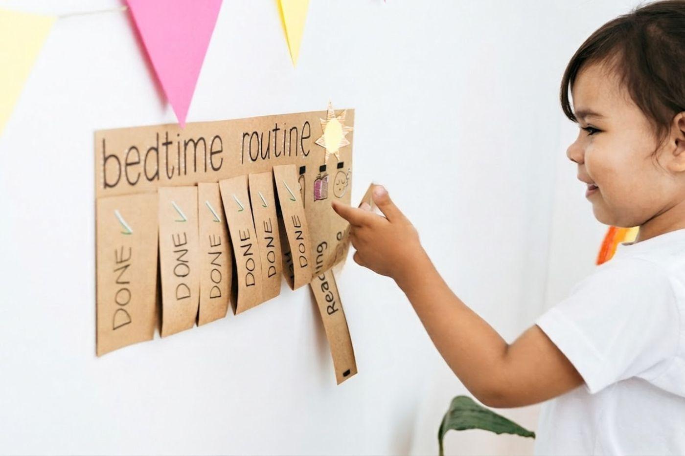Toddler using a DIY bedtime routine chart