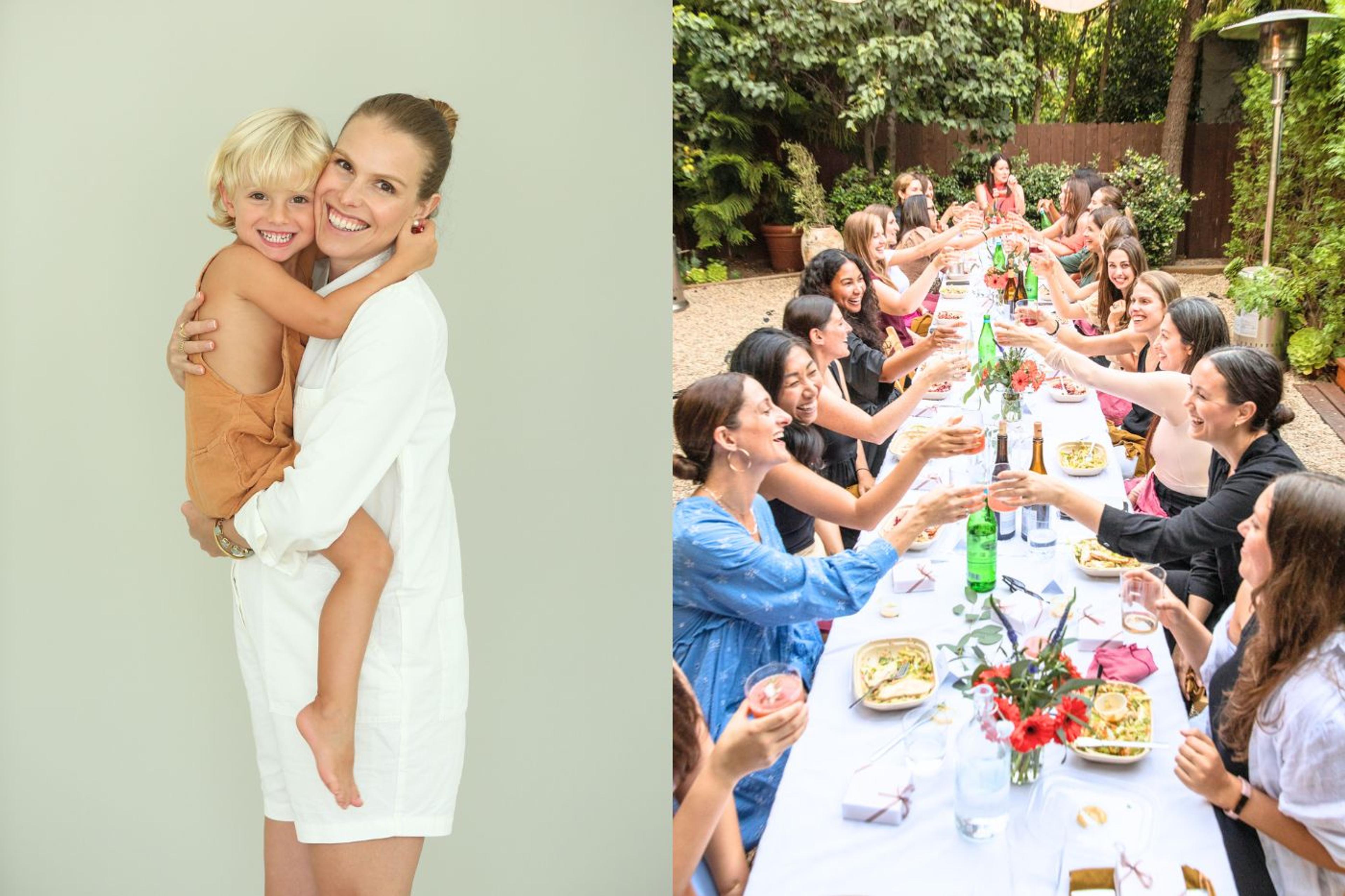 Mysha founder Marika Frumes and her son; women gathered at a Mysha event