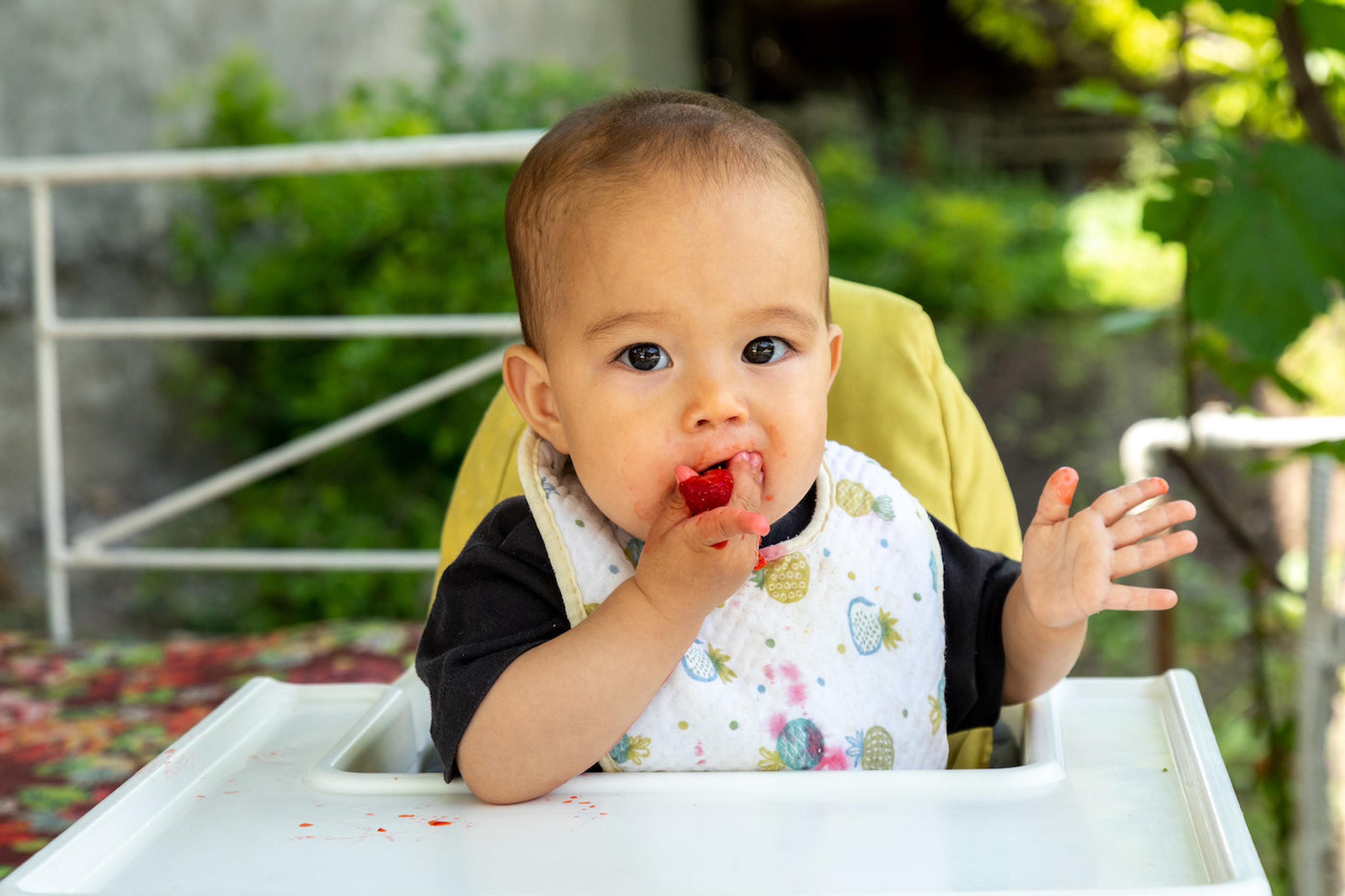 A baby eats a strawberry