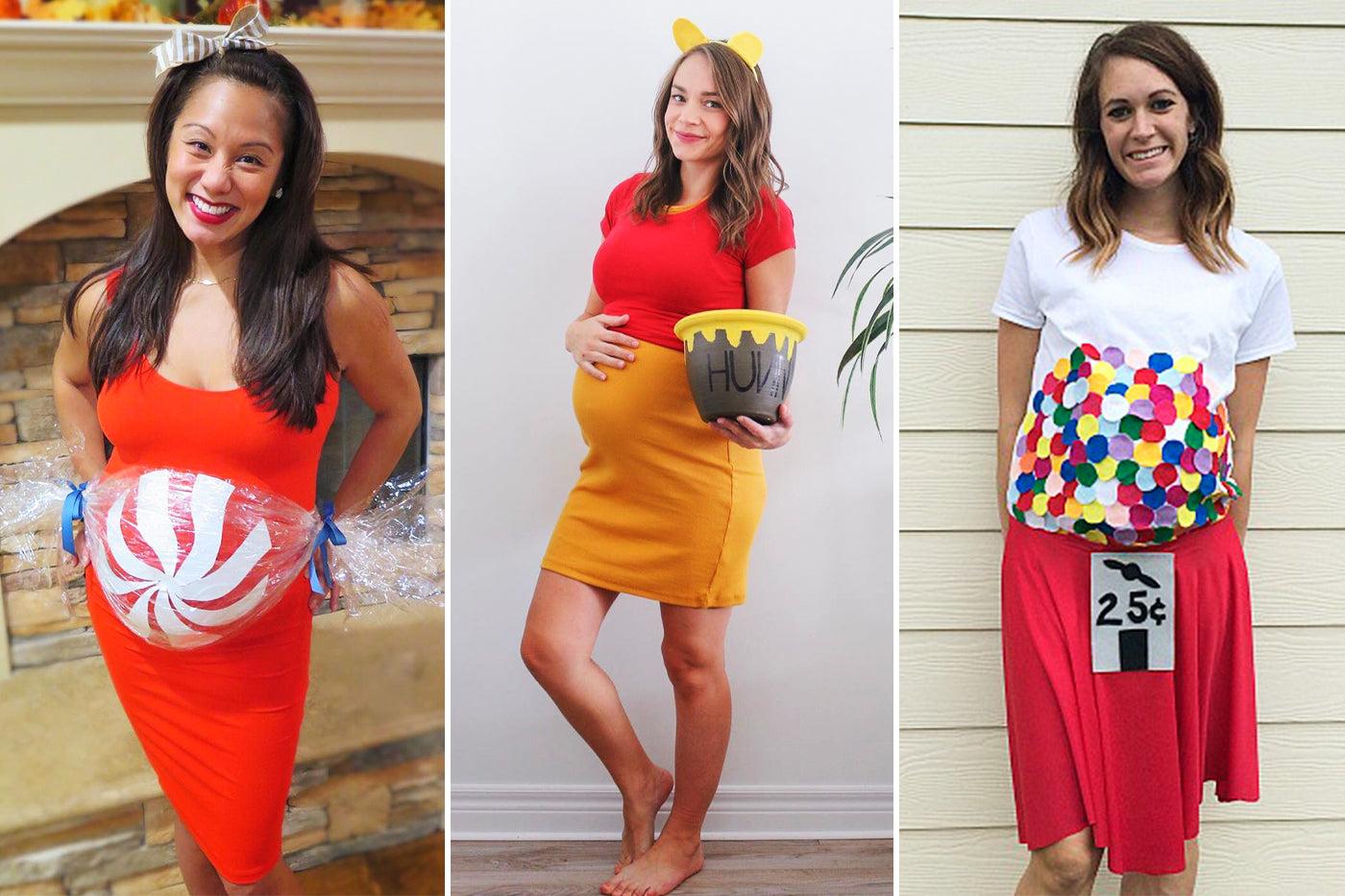three pregnant women wearing halloween costumes
