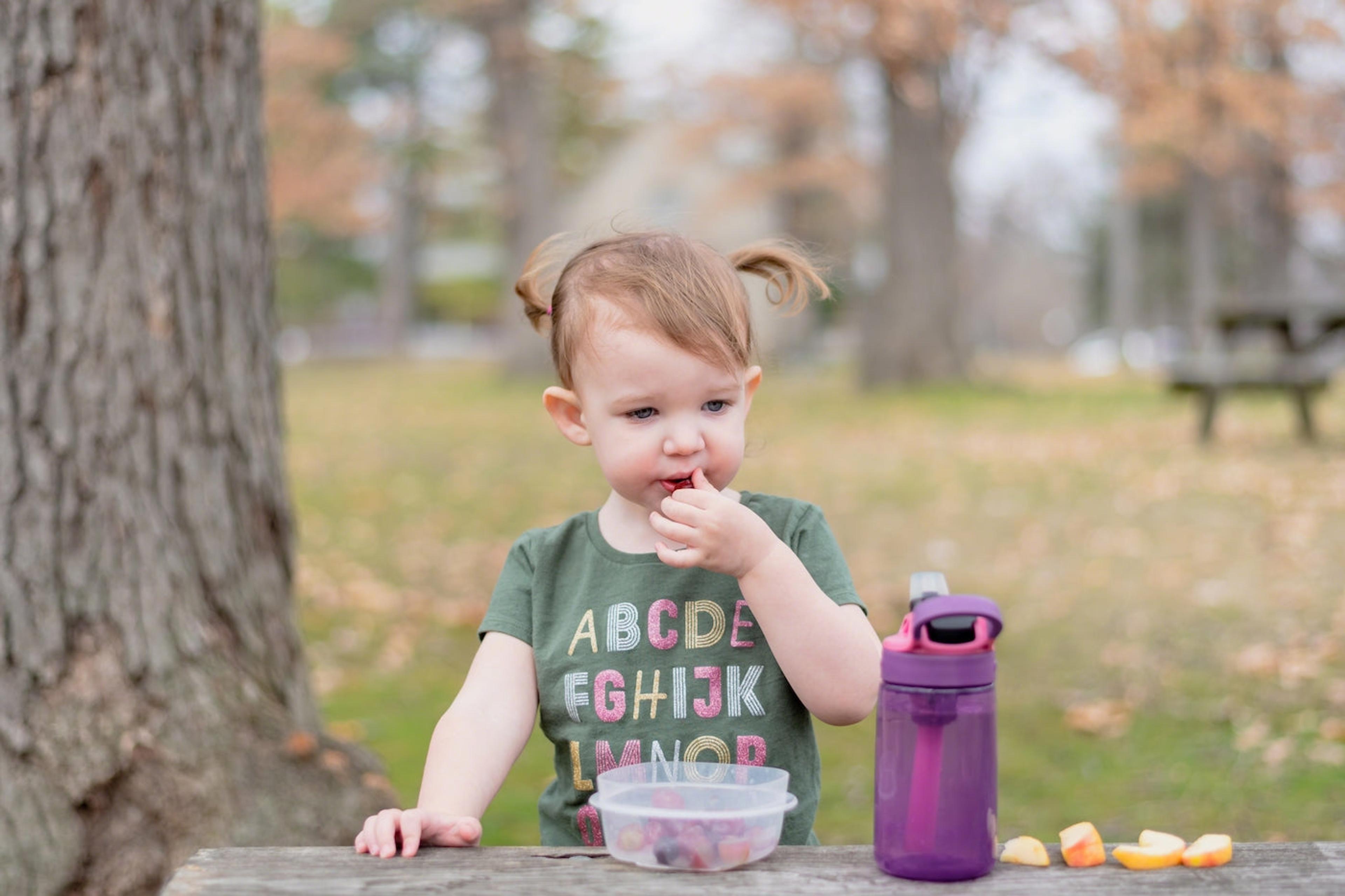 Toddler eating a healthy diaper bag snack