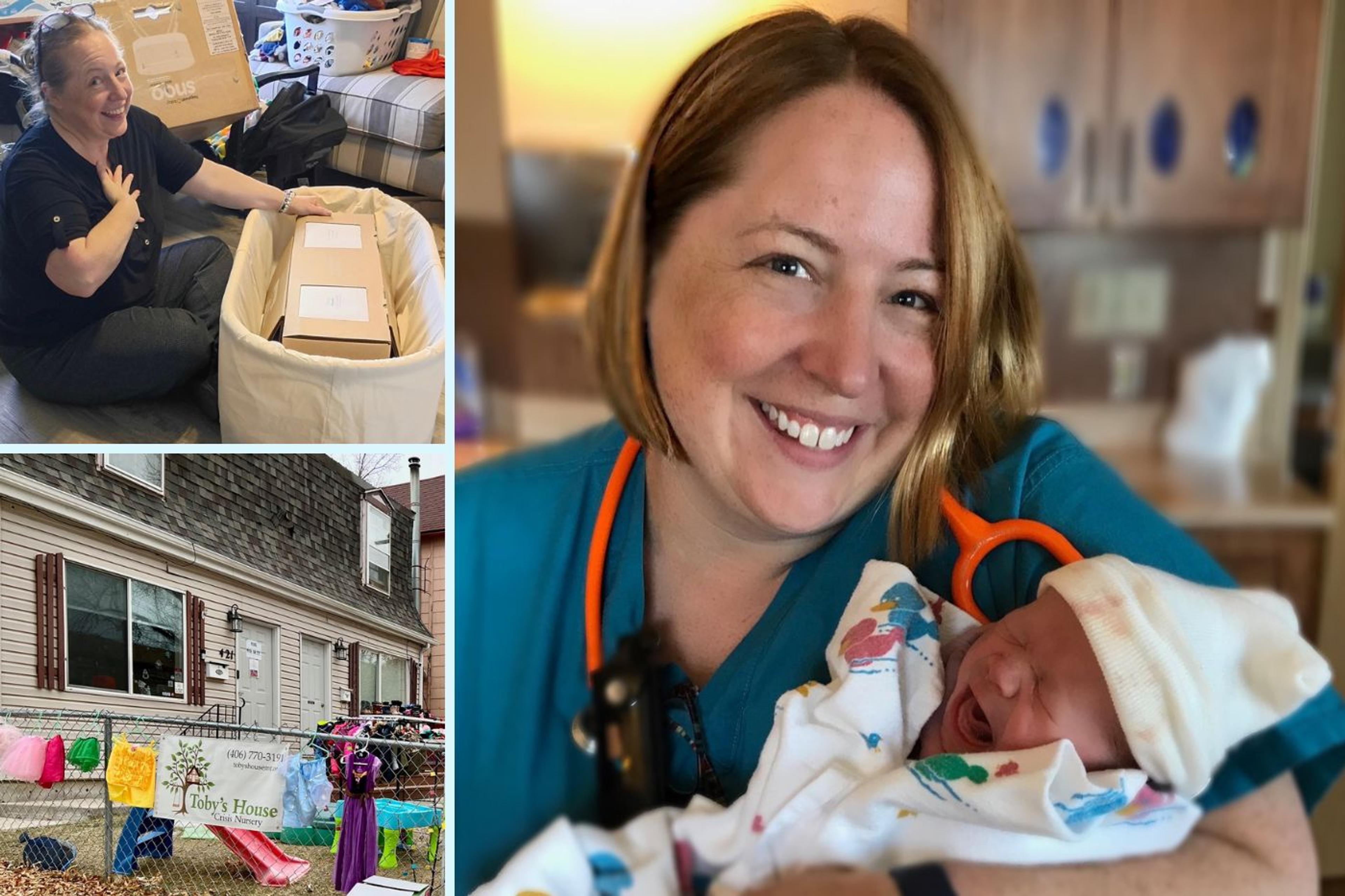 Leesha Ford, director of Toby's House opening SNOO and holding a baby