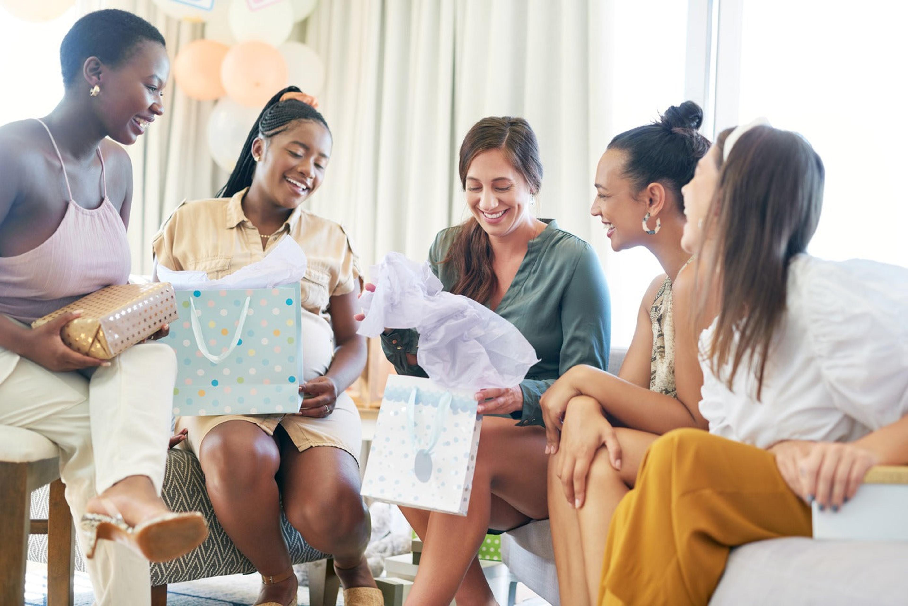 Group of happy women gathered for baby shower