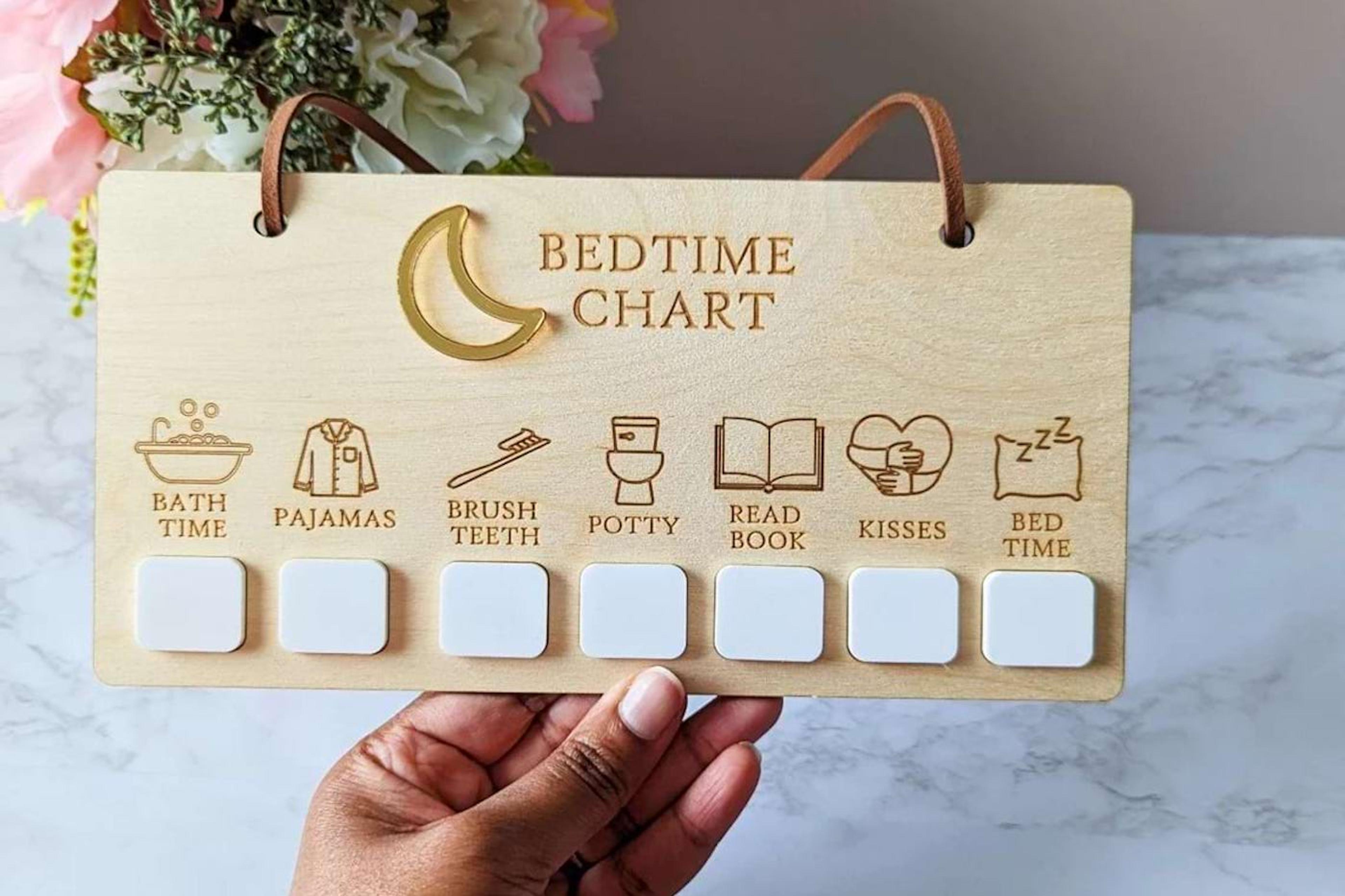 Wooden bedtime routine chart from BrynsDesignChart on Etsy