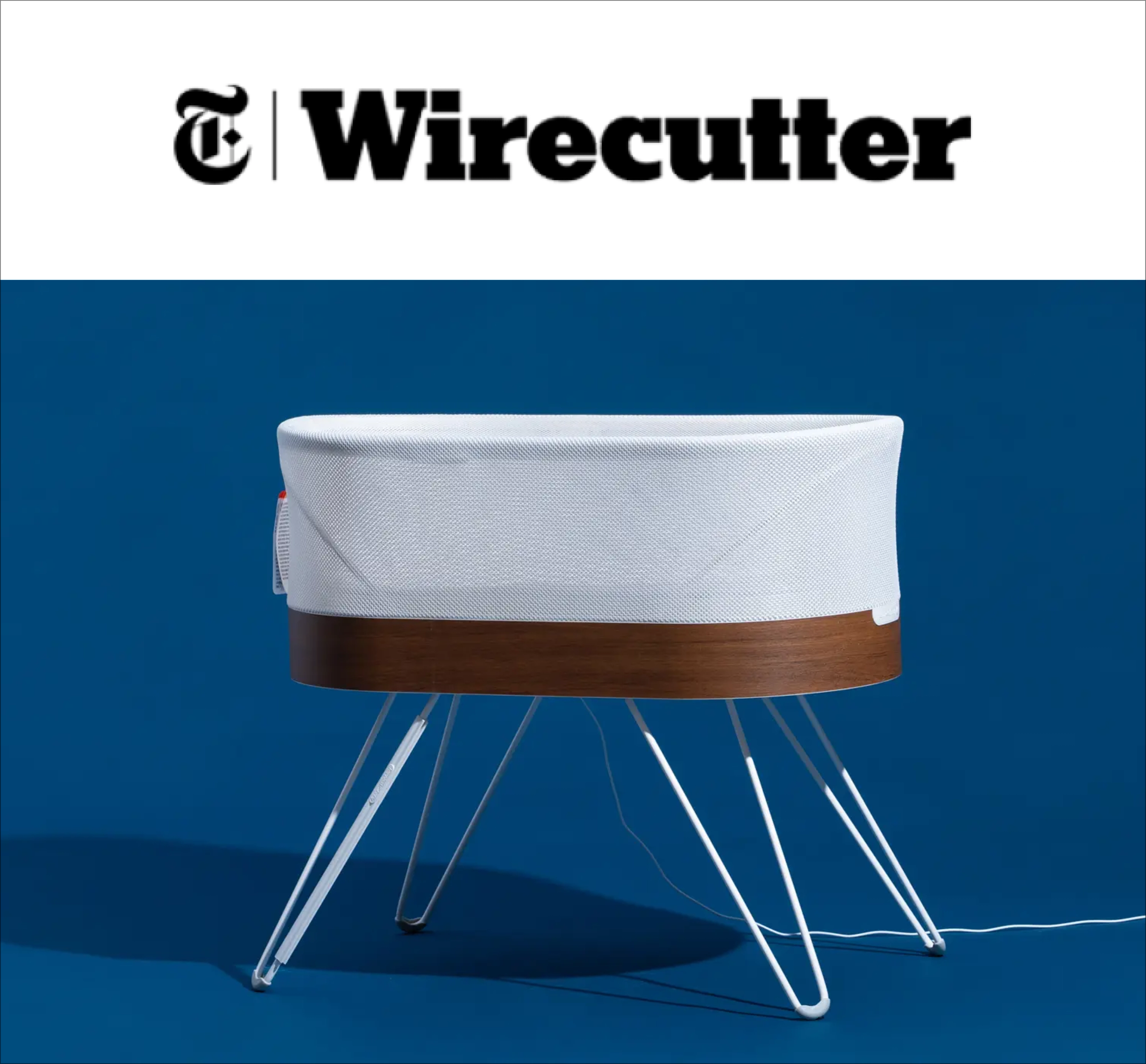 A magazine image featuring the SNOO bassinet