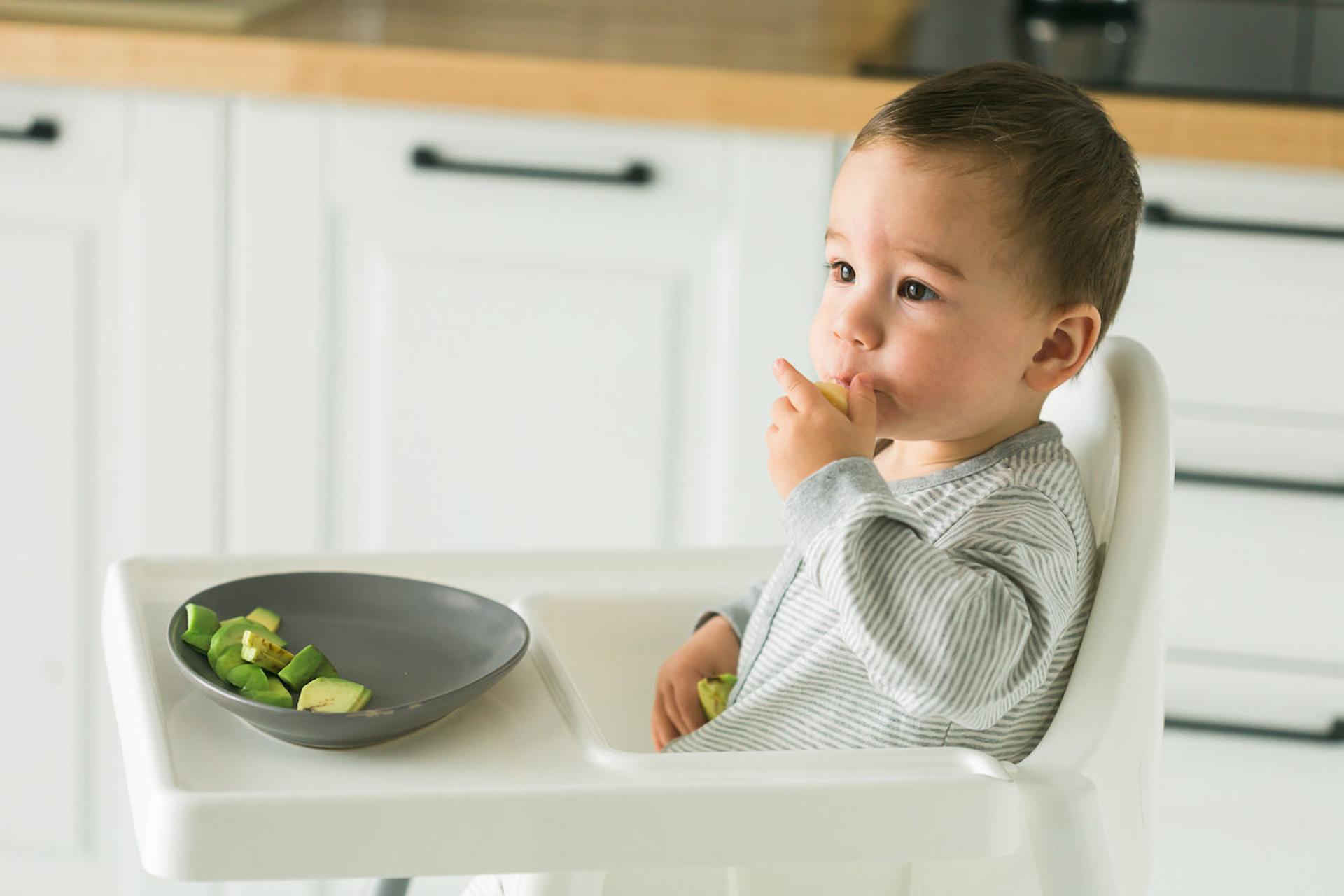A toddler eats a plate of avocado