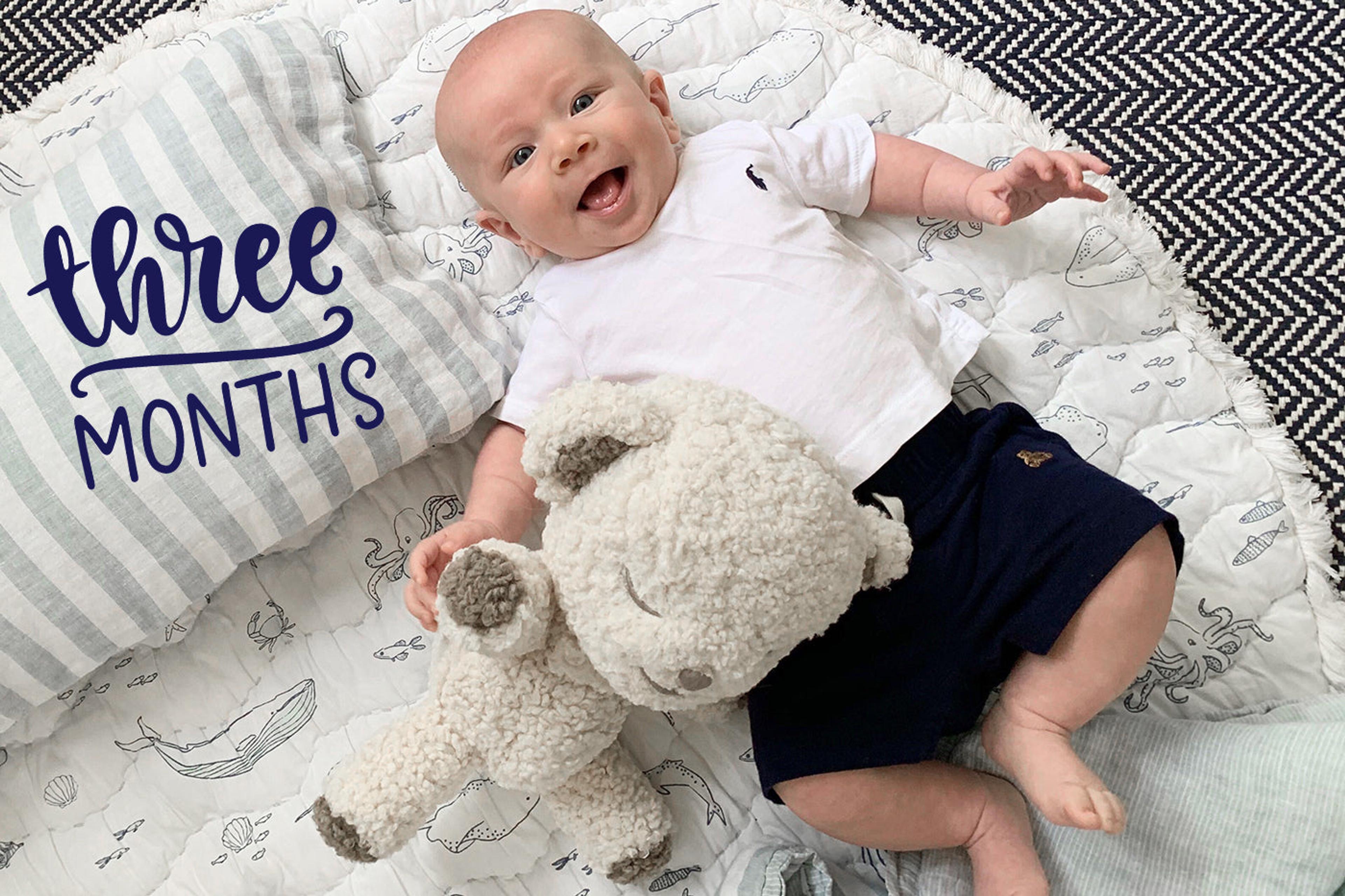 Baby posing with SNOObear in 3-month milestone photo