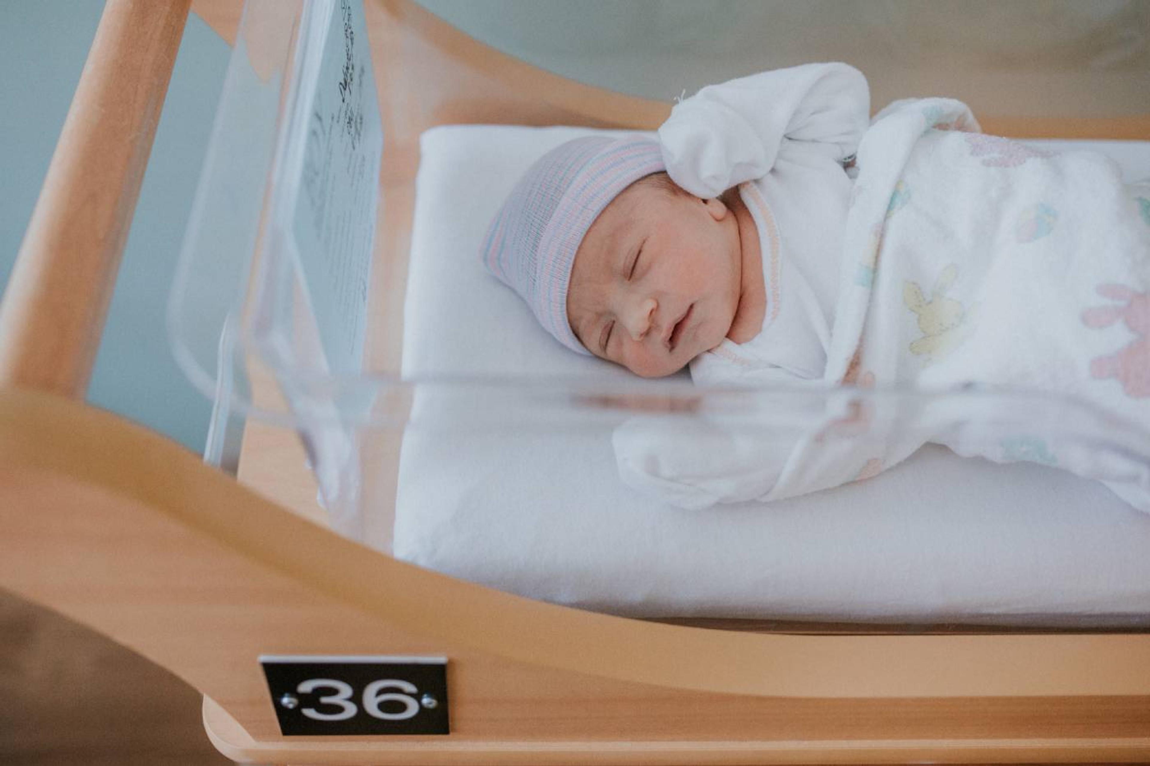 Newborn baby in hospital bassinet 