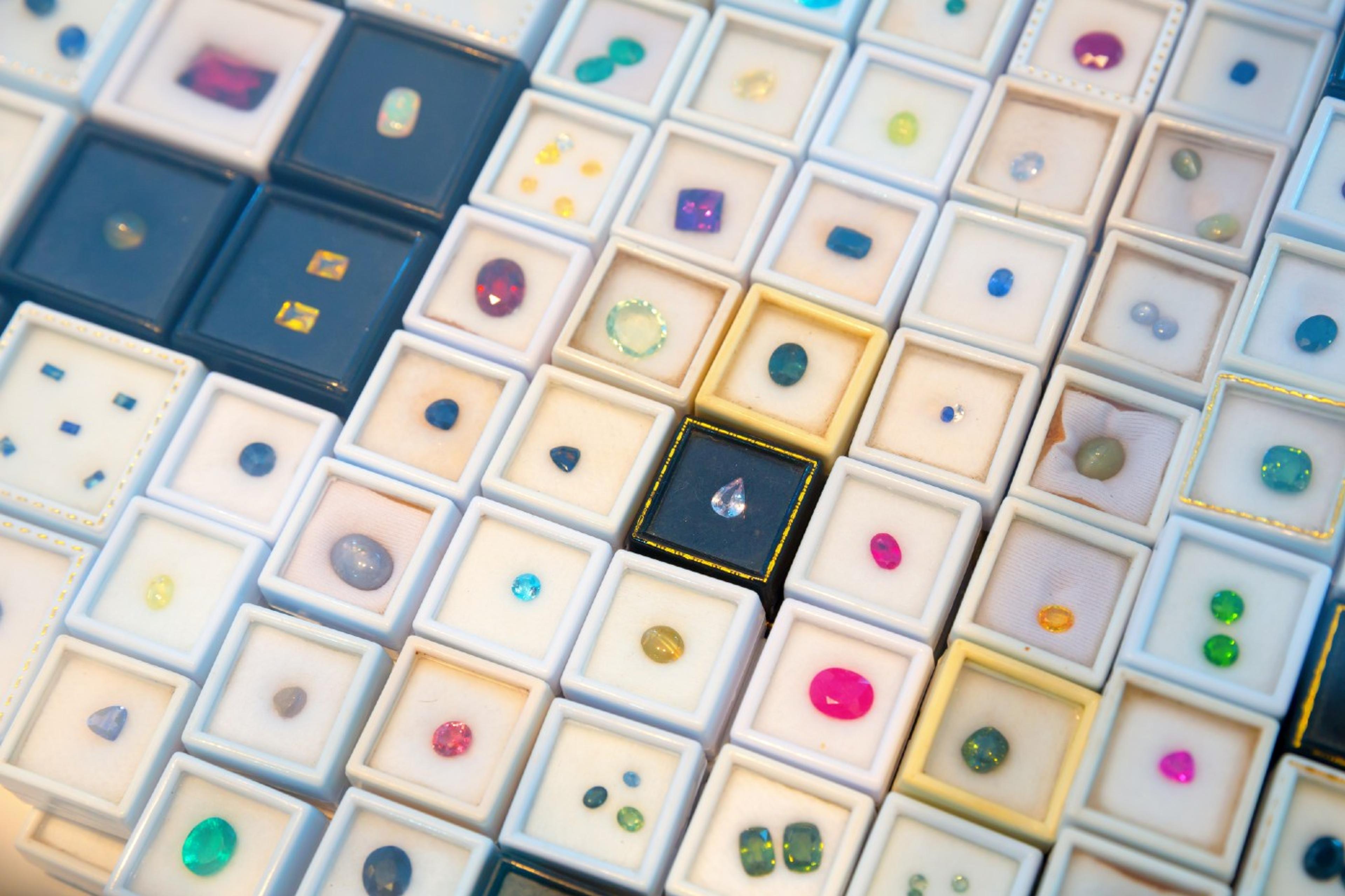 A display of birthstone gemstones