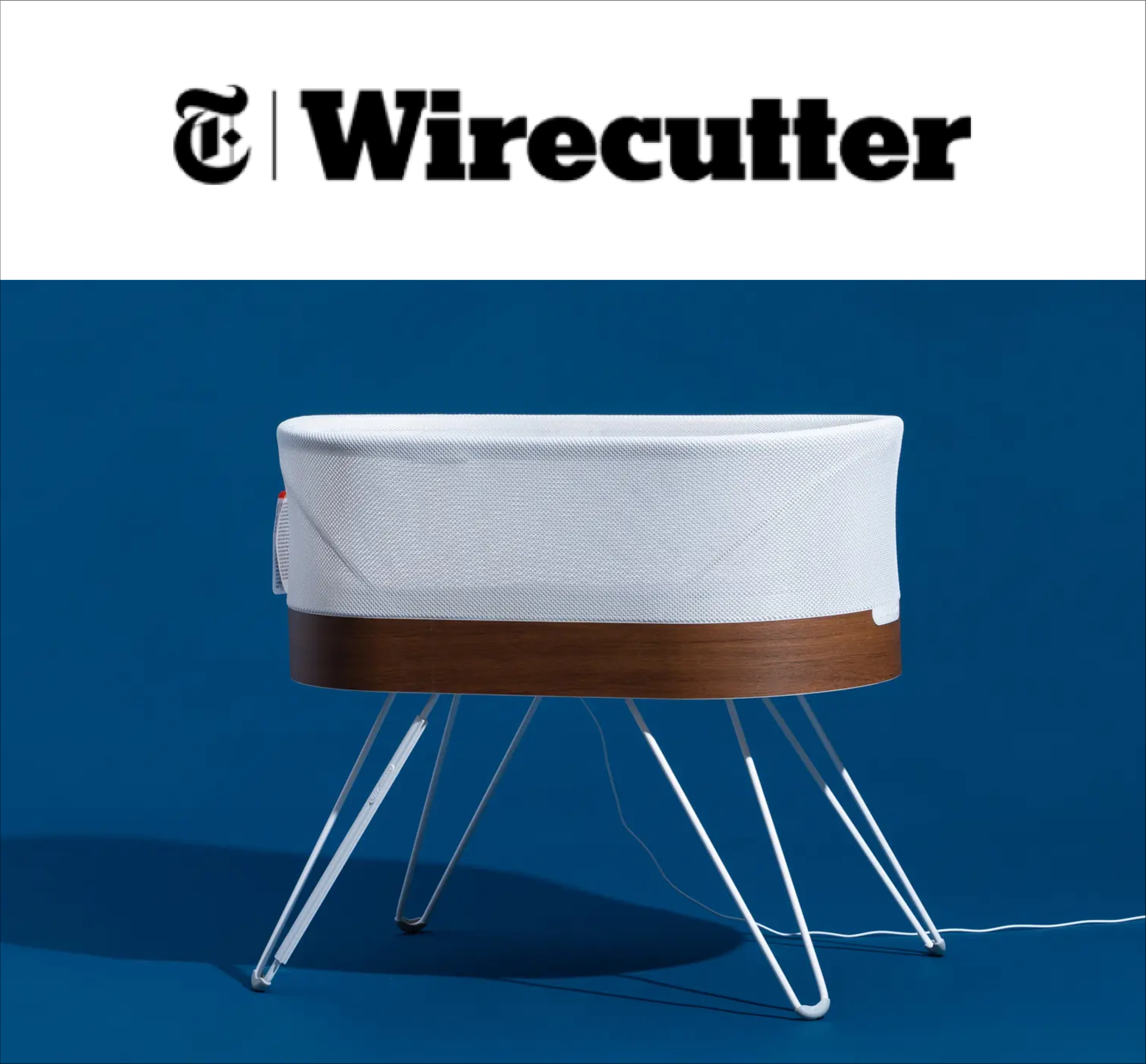 A magazine image featuring the SNOO bassinet