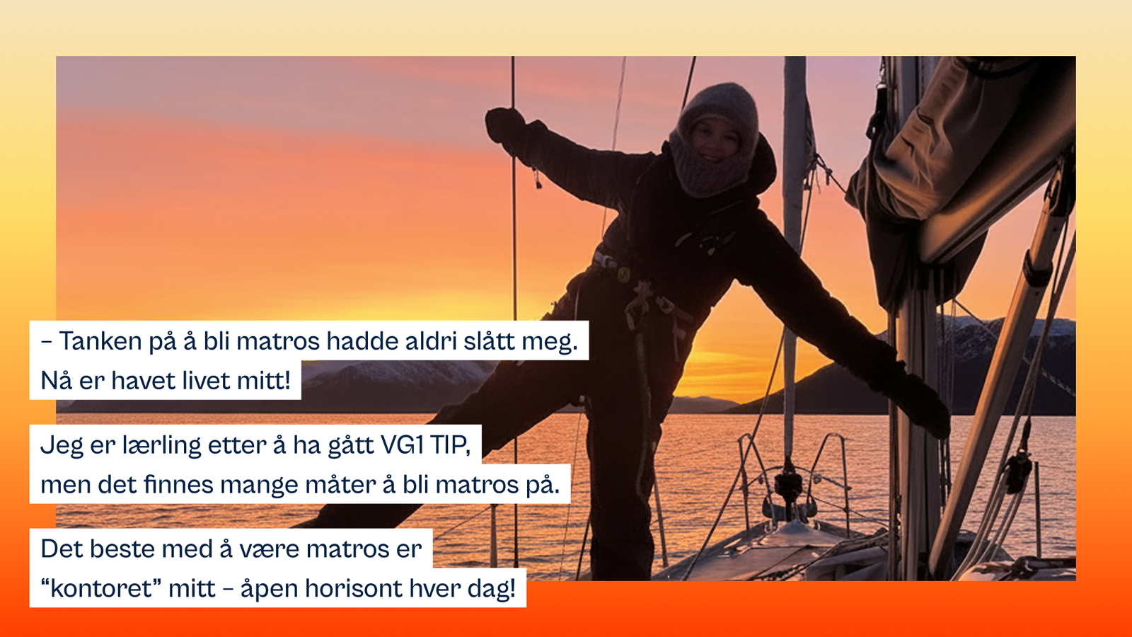 Ung jente på seilbåt foran soloppgang med tekst oppå bildet.