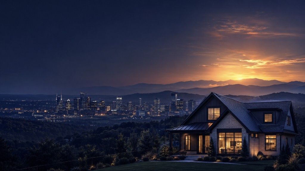Nashville Tennessee skyline at golden hour with the Smoky Mountains and rolling hills in the distance, representing a Tennessee mortgage broker serving the state