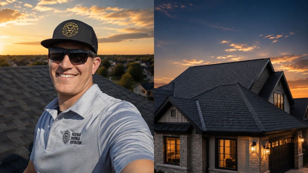 Matt Werling of Regenesis Roofing on a roof at sunset beside a finished dark-shingle home in Central Texas.