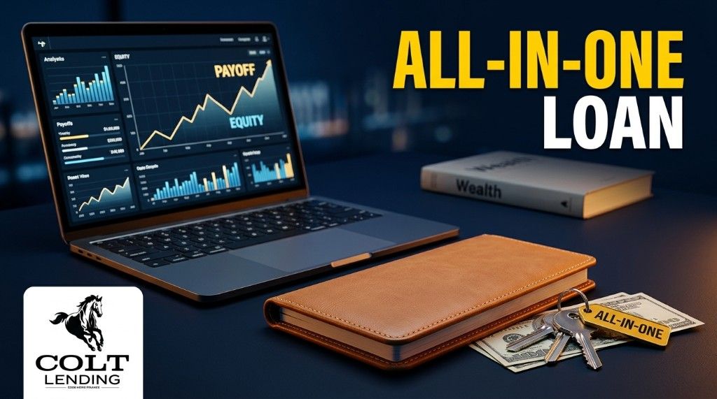 Laptop showing equity and payoff chart, keys with All-In-One tag, headline All-In-One Loan, Colt Lending logo.