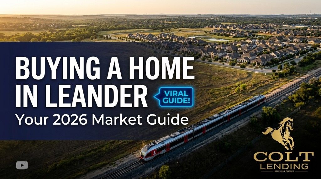 Aerial view of Leander Texas with commuter train, master-planned neighborhood, and 2026 home buying guide headline; Colt Lending logo.