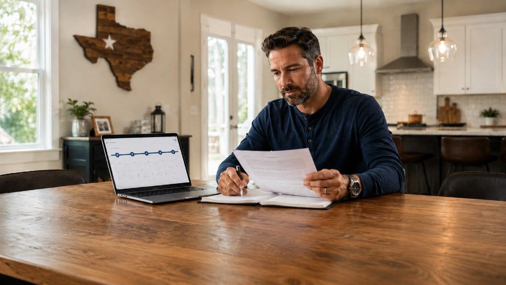 Texas homeowner at a kitchen table reviewing loan documents and a laptop showing a refinance timeline, with a decorative Texas wall sign in the background.